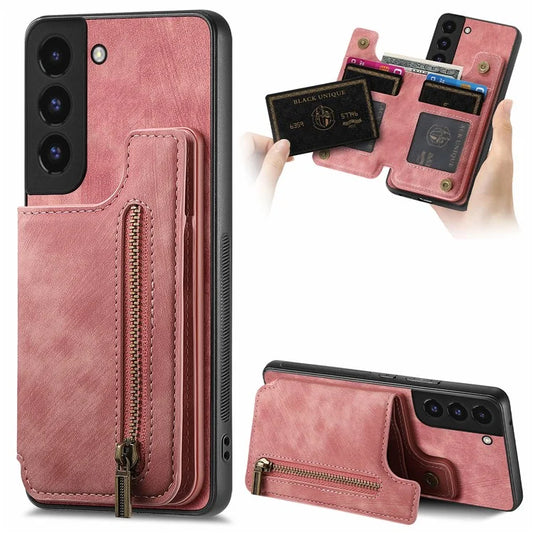 D15 For Samsung Galaxy S22+ 5G Retro Case Kickstand PU+TPU Zipper Wallet Phone Shell
