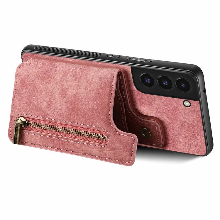 D15 For Samsung Galaxy S22+ 5G Retro Case Kickstand PU+TPU Zipper Wallet Phone Shell