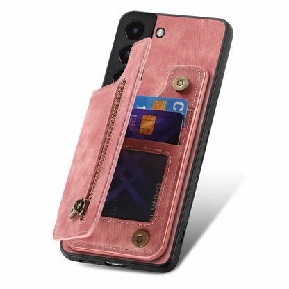 D15 For Samsung Galaxy S22+ 5G Retro Case Kickstand PU+TPU Zipper Wallet Phone Shell