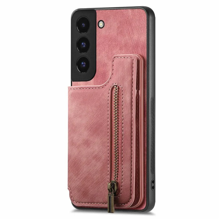 D15 For Samsung Galaxy S22+ 5G Retro Case Kickstand PU+TPU Zipper Wallet Phone Shell