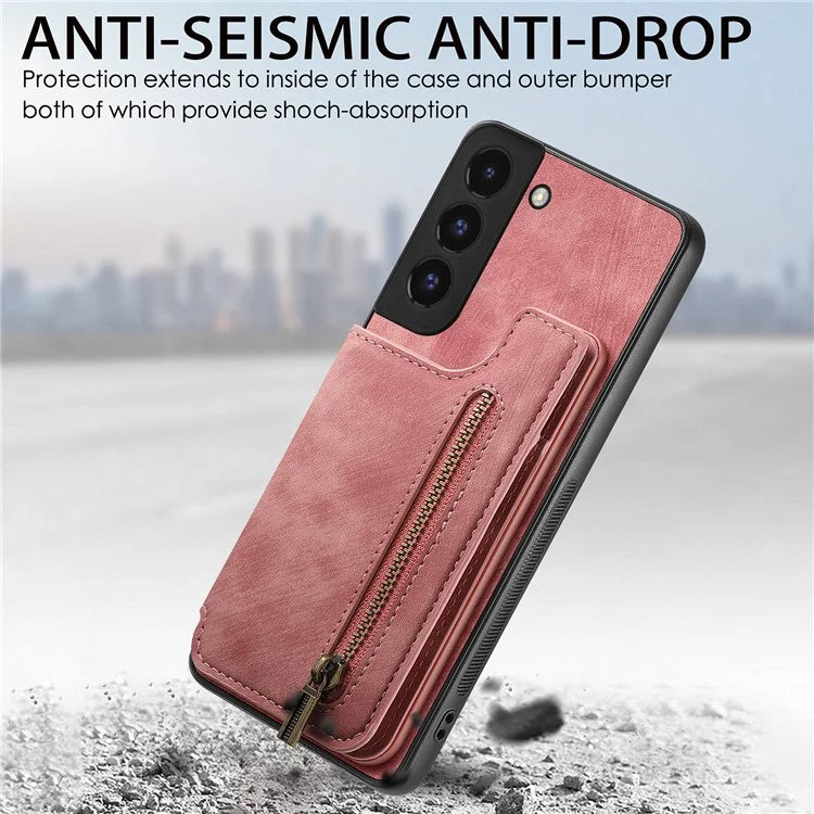 D15 For Samsung Galaxy S22+ 5G Retro Case Kickstand PU+TPU Zipper Wallet Phone Shell