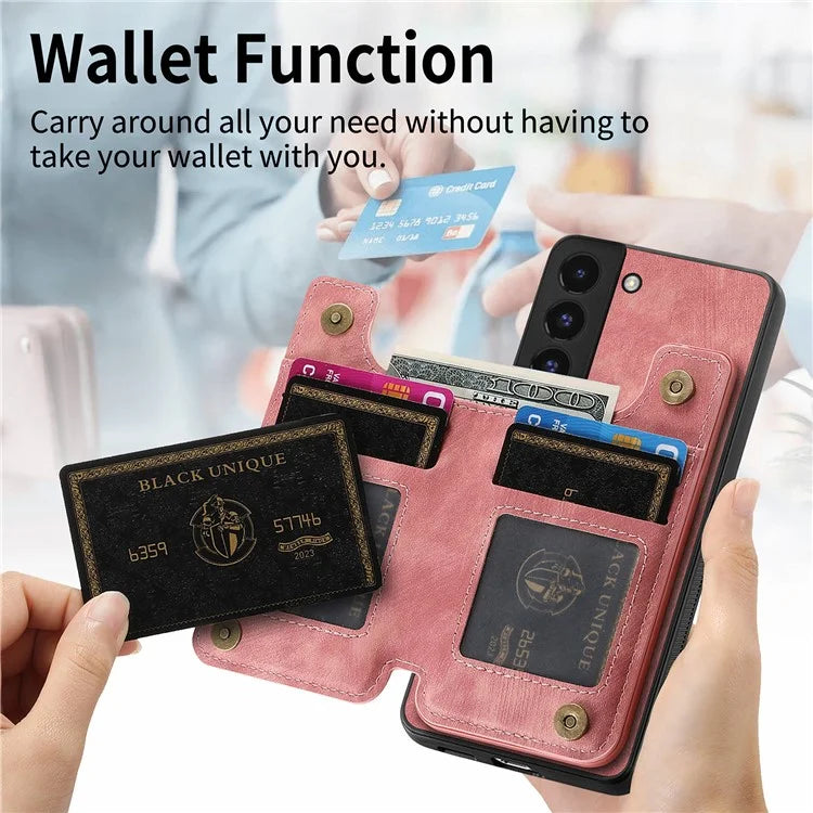 D15 For Samsung Galaxy S22+ 5G Retro Case Kickstand PU+TPU Zipper Wallet Phone Shell