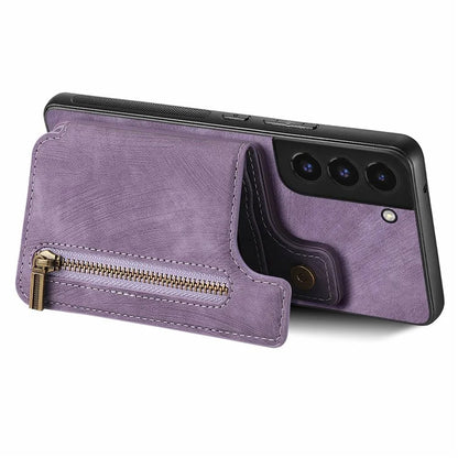 D15 For Samsung Galaxy S22+ 5G Retro Case Kickstand PU+TPU Zipper Wallet Phone Shell
