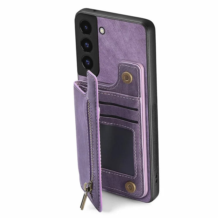 D15 For Samsung Galaxy S22+ 5G Retro Case Kickstand PU+TPU Zipper Wallet Phone Shell