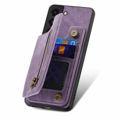 D15 For Samsung Galaxy S22+ 5G Retro Case Kickstand PU+TPU Zipper Wallet Phone Shell