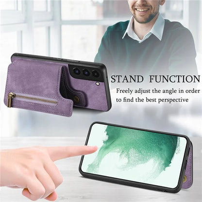 D15 For Samsung Galaxy S22+ 5G Retro Case Kickstand PU+TPU Zipper Wallet Phone Shell