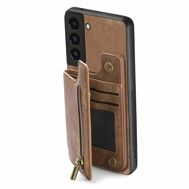 D15 For Samsung Galaxy S22+ 5G Retro Case Kickstand PU+TPU Zipper Wallet Phone Shell