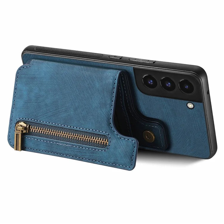 D15 For Samsung Galaxy S22+ 5G Retro Case Kickstand PU+TPU Zipper Wallet Phone Shell