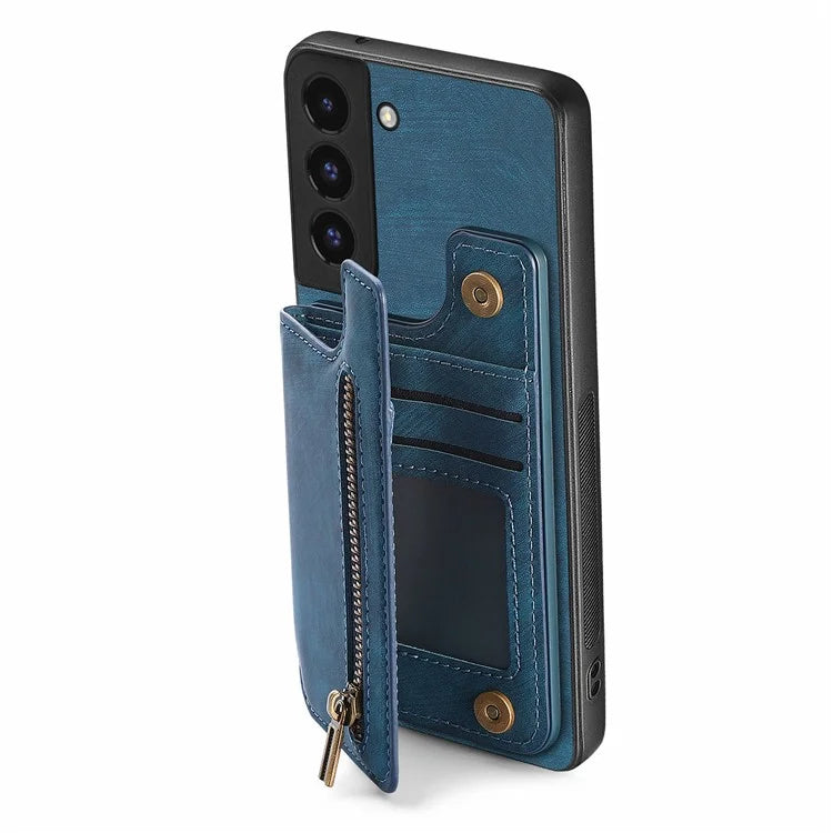 D15 For Samsung Galaxy S22+ 5G Retro Case Kickstand PU+TPU Zipper Wallet Phone Shell