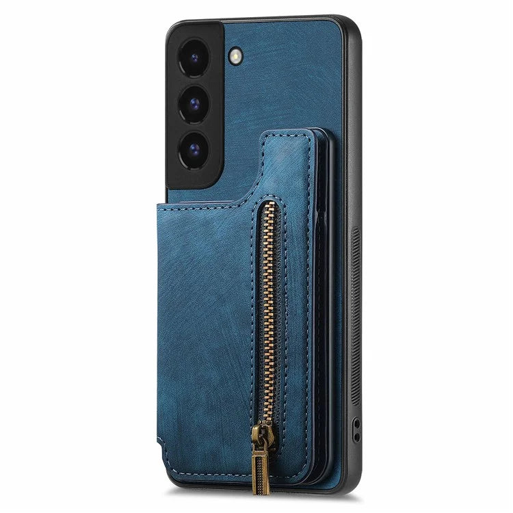 D15 For Samsung Galaxy S22+ 5G Retro Case Kickstand PU+TPU Zipper Wallet Phone Shell