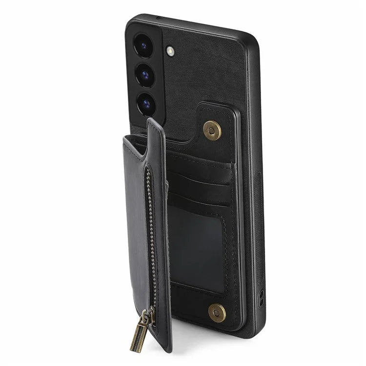 D15 For Samsung Galaxy S22+ 5G Retro Case Kickstand PU+TPU Zipper Wallet Phone Shell