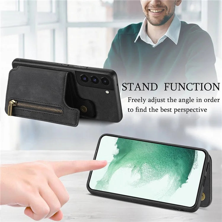 D15 For Samsung Galaxy S22+ 5G Retro Case Kickstand PU+TPU Zipper Wallet Phone Shell