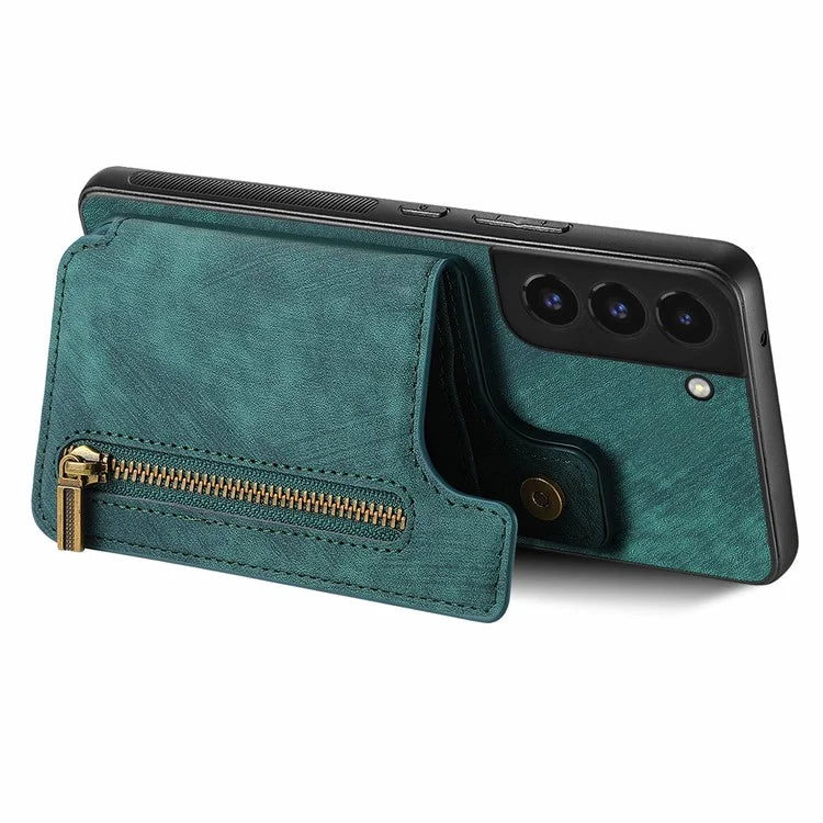 D15 For Samsung Galaxy S22+ 5G Retro Case Kickstand PU+TPU Zipper Wallet Phone Shell