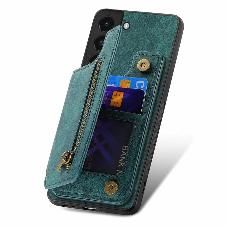 D15 For Samsung Galaxy S22+ 5G Retro Case Kickstand PU+TPU Zipper Wallet Phone Shell