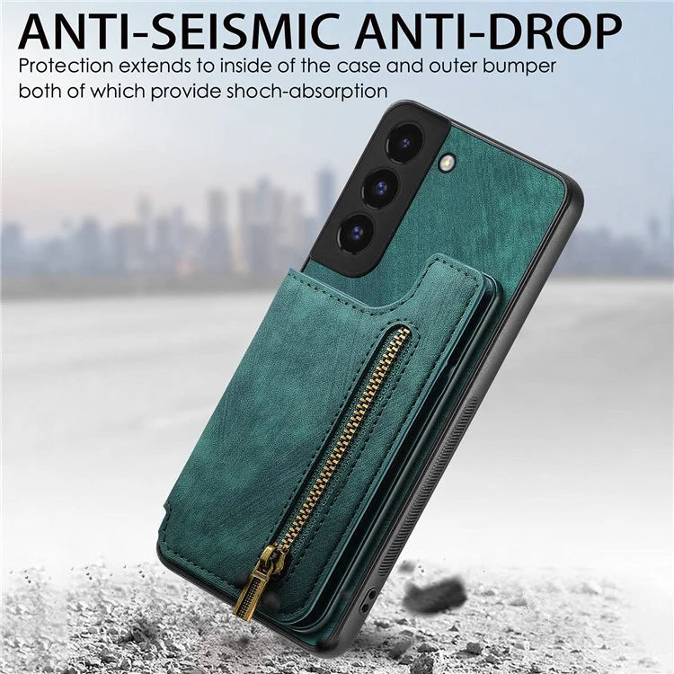 D15 For Samsung Galaxy S22+ 5G Retro Case Kickstand PU+TPU Zipper Wallet Phone Shell