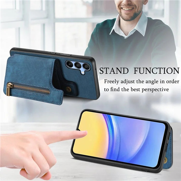 D15 For Samsung Galaxy A55 5G Case Retro Leather+TPU Zipper Pocket Kickstand Back Cover