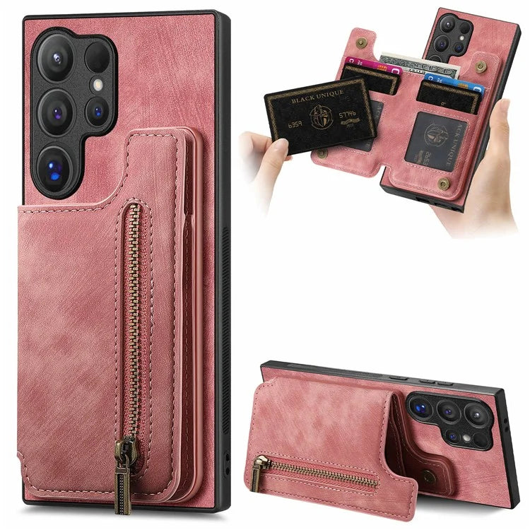 D15 For Samsung Galaxy S24 Ultra Case Card Slot Leather+TPU Zipper Kickstand Retro Phone Cover