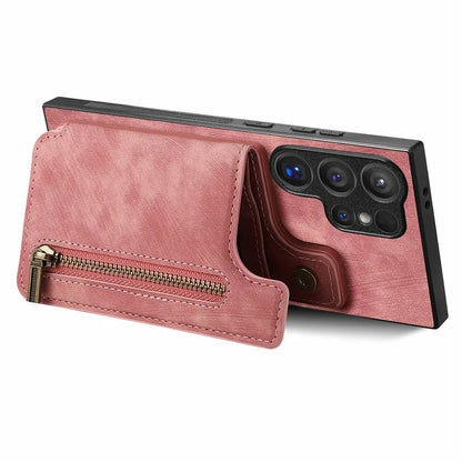 D15 For Samsung Galaxy S24 Ultra Case Card Slot Leather+TPU Zipper Kickstand Retro Phone Cover