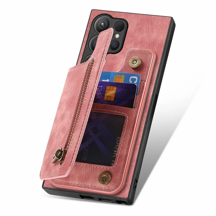 D15 For Samsung Galaxy S24 Ultra Case Card Slot Leather+TPU Zipper Kickstand Retro Phone Cover