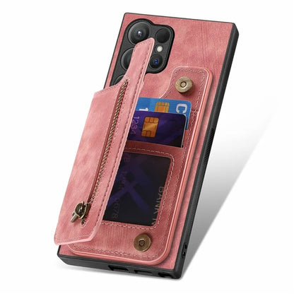 D15 For Samsung Galaxy S24 Ultra Case Card Slot Leather+TPU Zipper Kickstand Retro Phone Cover