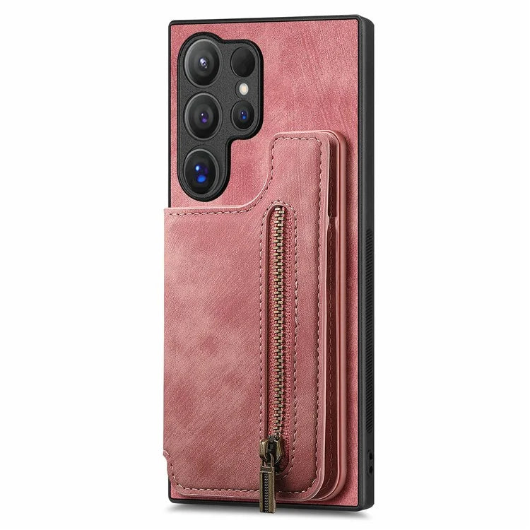 D15 For Samsung Galaxy S24 Ultra Case Card Slot Leather+TPU Zipper Kickstand Retro Phone Cover