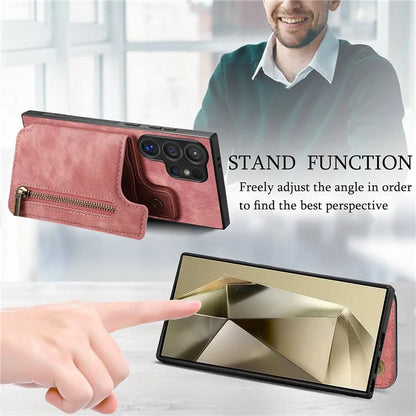 D15 For Samsung Galaxy S24 Ultra Case Card Slot Leather+TPU Zipper Kickstand Retro Phone Cover