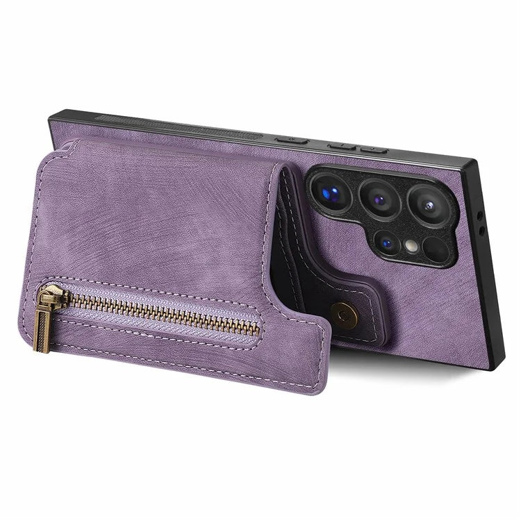 D15 For Samsung Galaxy S24 Ultra Case Card Slot Leather+TPU Zipper Kickstand Retro Phone Cover