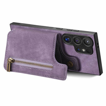 D15 For Samsung Galaxy S24 Ultra Case Card Slot Leather+TPU Zipper Kickstand Retro Phone Cover