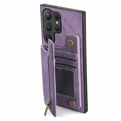 D15 For Samsung Galaxy S24 Ultra Case Card Slot Leather+TPU Zipper Kickstand Retro Phone Cover