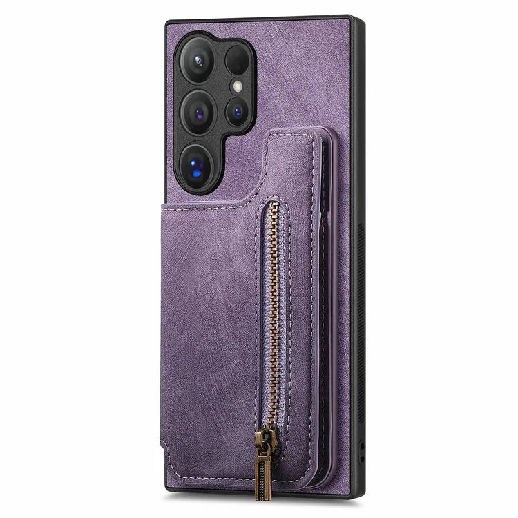 D15 For Samsung Galaxy S24 Ultra Case Card Slot Leather+TPU Zipper Kickstand Retro Phone Cover
