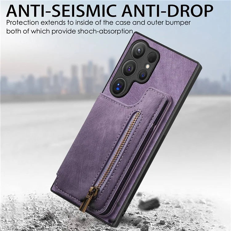 D15 For Samsung Galaxy S24 Ultra Case Card Slot Leather+TPU Zipper Kickstand Retro Phone Cover