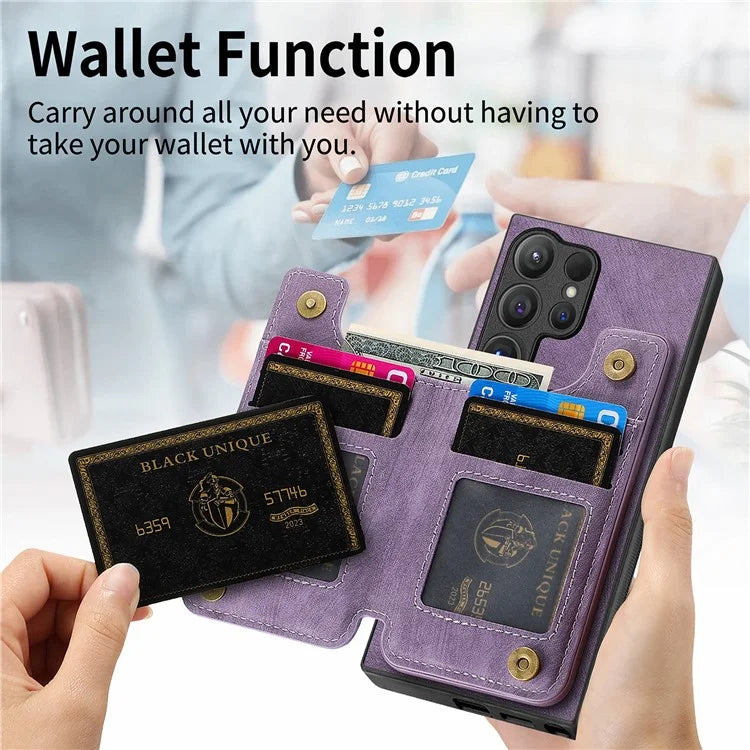 D15 For Samsung Galaxy S24 Ultra Case Card Slot Leather+TPU Zipper Kickstand Retro Phone Cover