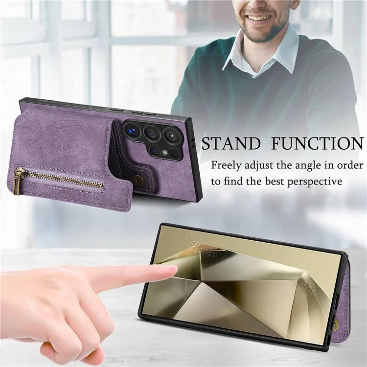 D15 For Samsung Galaxy S24 Ultra Case Card Slot Leather+TPU Zipper Kickstand Retro Phone Cover