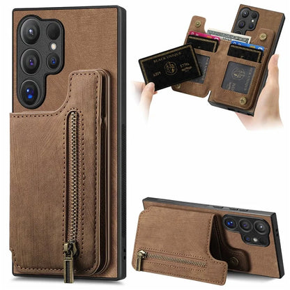 D15 For Samsung Galaxy S24 Ultra Case Card Slot Leather+TPU Zipper Kickstand Retro Phone Cover