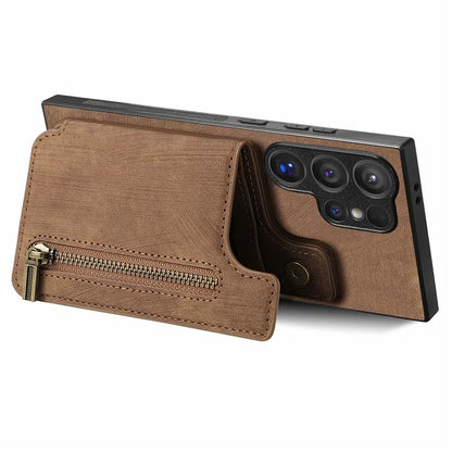 D15 For Samsung Galaxy S24 Ultra Case Card Slot Leather+TPU Zipper Kickstand Retro Phone Cover