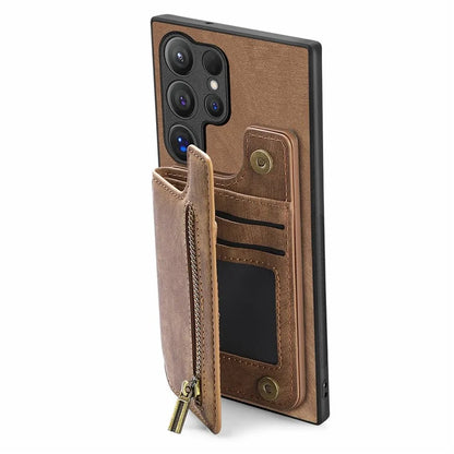 D15 For Samsung Galaxy S24 Ultra Case Card Slot Leather+TPU Zipper Kickstand Retro Phone Cover