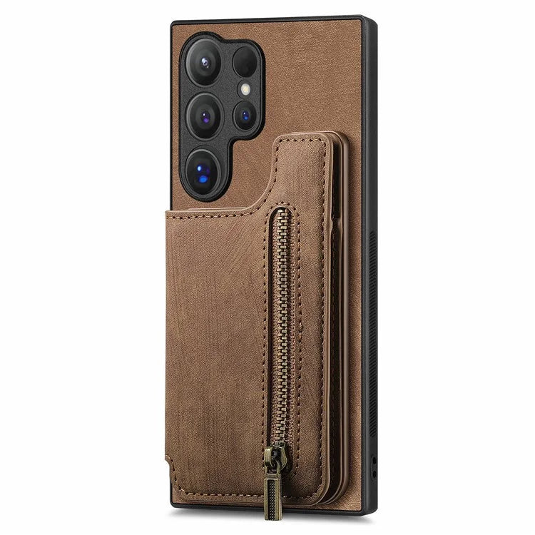D15 For Samsung Galaxy S24 Ultra Case Card Slot Leather+TPU Zipper Kickstand Retro Phone Cover