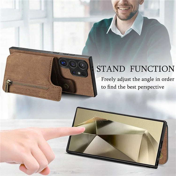 D15 For Samsung Galaxy S24 Ultra Case Card Slot Leather+TPU Zipper Kickstand Retro Phone Cover