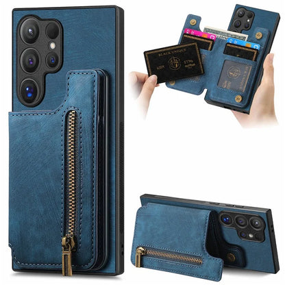 D15 For Samsung Galaxy S24 Ultra Case Card Slot Leather+TPU Zipper Kickstand Retro Phone Cover