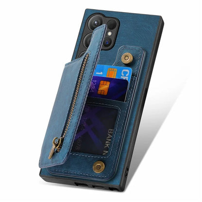 D15 For Samsung Galaxy S24 Ultra Case Card Slot Leather+TPU Zipper Kickstand Retro Phone Cover