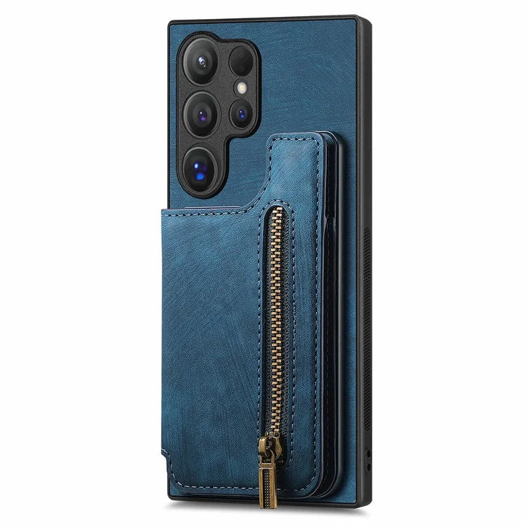 D15 For Samsung Galaxy S24 Ultra Case Card Slot Leather+TPU Zipper Kickstand Retro Phone Cover