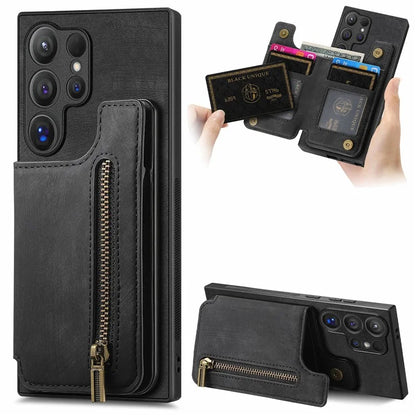 D15 For Samsung Galaxy S24 Ultra Case Card Slot Leather+TPU Zipper Kickstand Retro Phone Cover