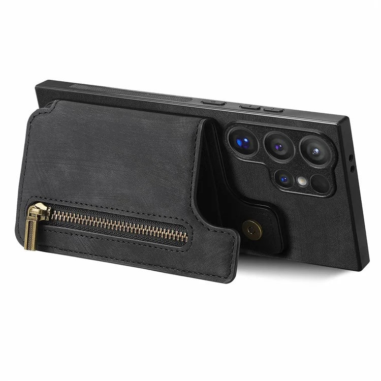 D15 For Samsung Galaxy S24 Ultra Case Card Slot Leather+TPU Zipper Kickstand Retro Phone Cover