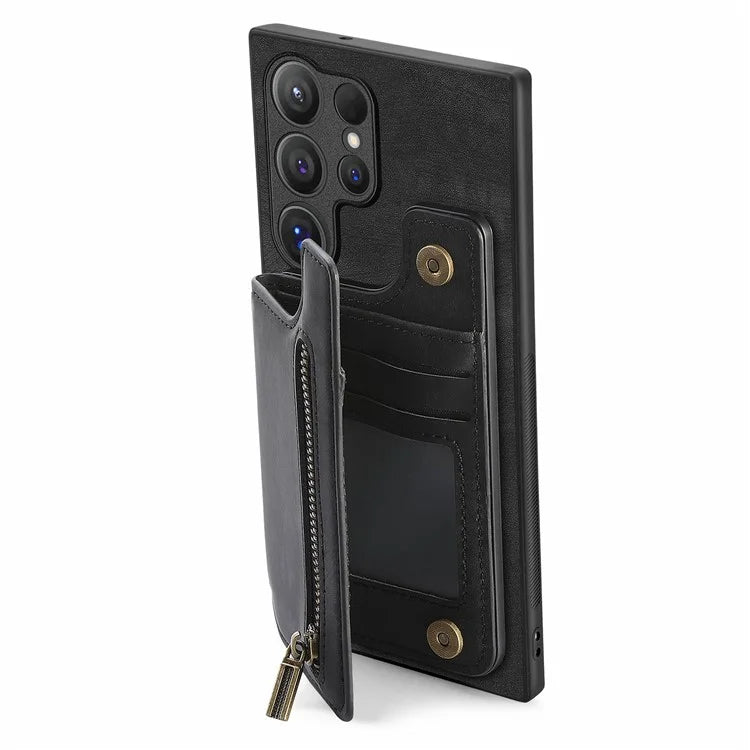 D15 For Samsung Galaxy S24 Ultra Case Card Slot Leather+TPU Zipper Kickstand Retro Phone Cover