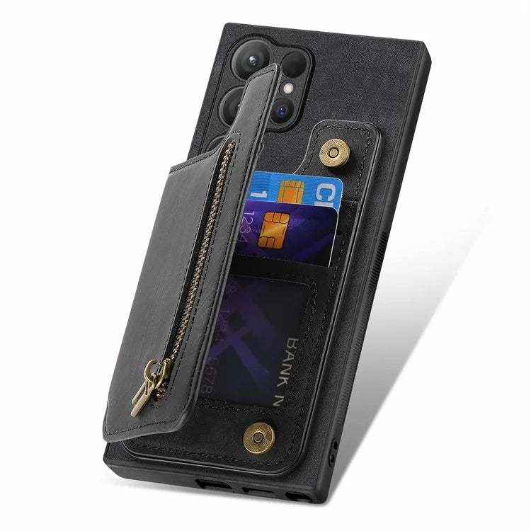 D15 For Samsung Galaxy S24 Ultra Case Card Slot Leather+TPU Zipper Kickstand Retro Phone Cover