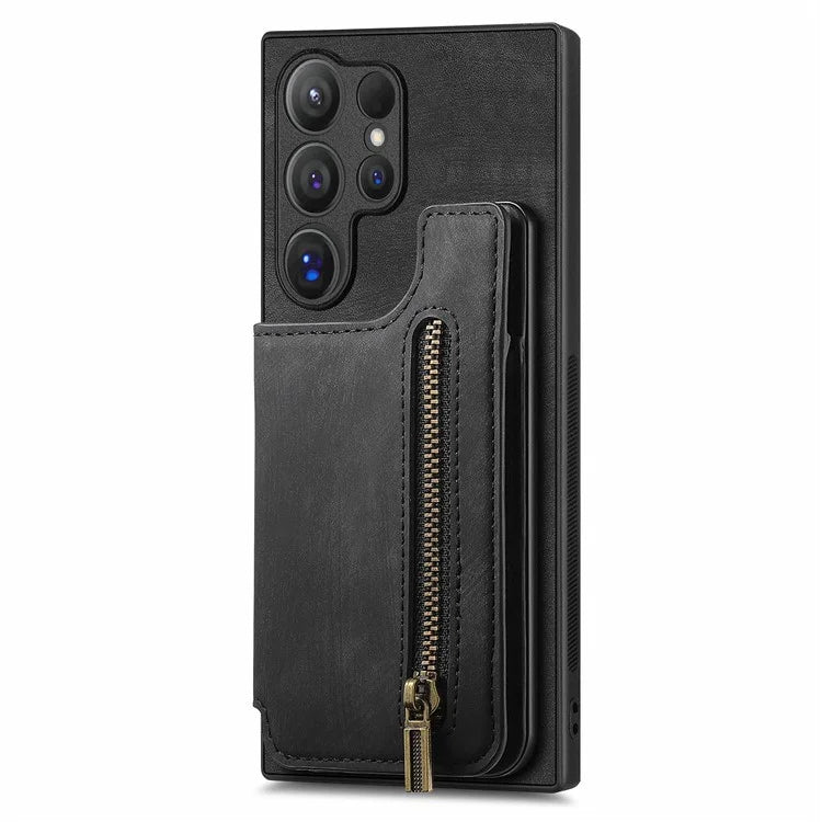D15 For Samsung Galaxy S24 Ultra Case Card Slot Leather+TPU Zipper Kickstand Retro Phone Cover