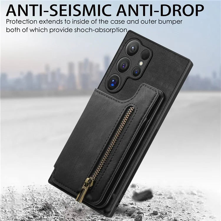 D15 For Samsung Galaxy S24 Ultra Case Card Slot Leather+TPU Zipper Kickstand Retro Phone Cover