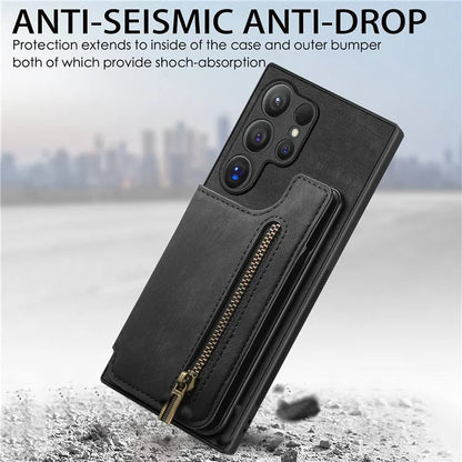 D15 For Samsung Galaxy S24 Ultra Case Card Slot Leather+TPU Zipper Kickstand Retro Phone Cover