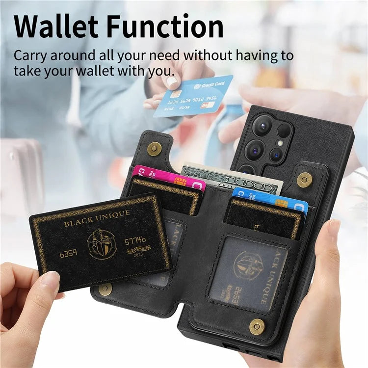 D15 For Samsung Galaxy S24 Ultra Case Card Slot Leather+TPU Zipper Kickstand Retro Phone Cover