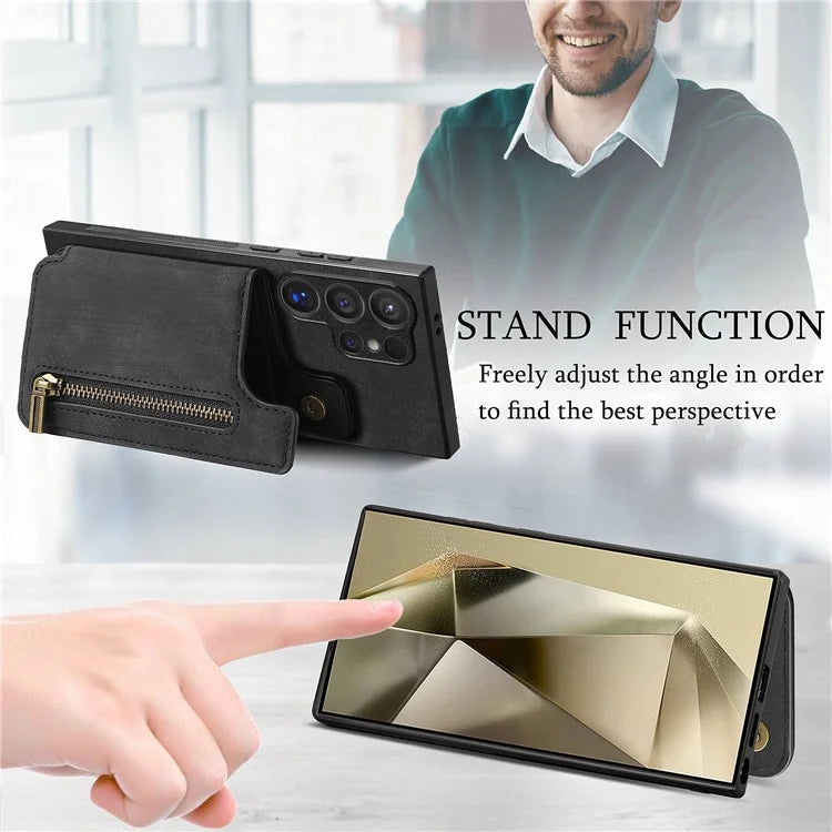 D15 For Samsung Galaxy S24 Ultra Case Card Slot Leather+TPU Zipper Kickstand Retro Phone Cover